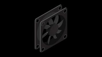 Isometric computer fan animation. Computer fan cooler. Isometric of PC case fan. Computer hardware components. Transparent background with alpha channel. video