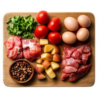 Fresh Ingredients for Cooking with Vegetables, Meat, Eggs, and Spices on Wooden Surface png