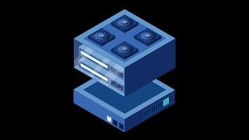 isométrico futurista servidor animação. isométrico base de dados ou dados Centro. abstrato blockchain. computador armazenar. nuvem armazenar. transparente fundo com alfa, video