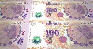 Series of banknotes of one hundred argentine pesos of the bank of the Republic Argentine rolling on screen, coins of the world, cash money, loop video