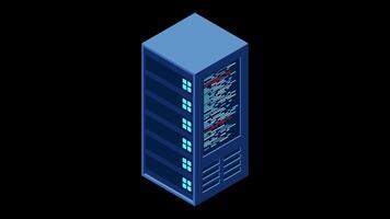 Data center server box. Hosting server or data center room concept. Isometric hardware server case cabinet. 4K seamless loop animation. Transparent background with alpha channel. video
