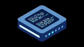 isométrico futurista servidor animação. isométrico base de dados ou dados Centro. abstrato blockchain. computador armazenar. nuvem armazenar. transparente fundo com alfa video