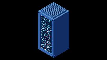 isométrico servidor animação. rede servidor sala. 3d computador equipamento. armazenamento base de dados. isométrico tecnologia. transparente fundo com alfa. video