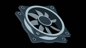 Isometric computer fan animation. Computer fan cooler. Isometric of PC case fan. Computer hardware components. Transparent background with alpha channel, video