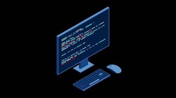 Isometric desktop computer. Coding programming technology. Programming concept. Technology animation. Transparent background with alpha channel, video