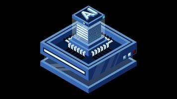 Artificial intelligence micro chip animation. Quantum computing. Artificial intelligence computer. Isometric machine programming. Transparent background with alpha channel. video
