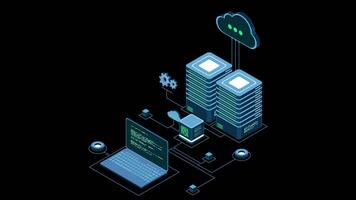Isometric computer technology animation. Computation of big data center. Cloud computing. Online devices upload and download information. Transparent background with alpha channel. video