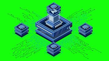Isometric artificial intelligence chip animation. Artificial Intelligence concept. Futuristic microchip processor. Motion graphic. 4K animated in isometric, video