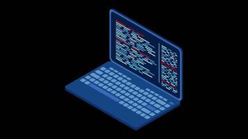 Isometric laptop animation. 3d isometric laptop computer. Abstract programming language and program code on a laptop screen. Transparent background with alpha video