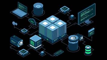 Isometric computer technology animation. Computation of big data center. Cloud computing. Online devices upload and download information. Transparent background with alpha channel, video