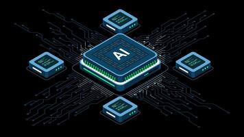 Isometric artificial intelligence chip animation. Artificial Intelligence concept. Futuristic microchip processor. Motion graphic. Transparent background with alpha channel, video