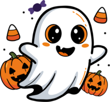 Accompanying the ghost are several black bats flying in the background and a dangling spider on a web, adding to the spooky holiday theme. png