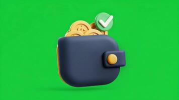 A wallet with coins and a check mark on a green background video