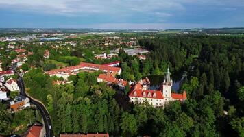 Aerial orbiting view of Pruhonice chateau and park in May 2025 in Czechia video