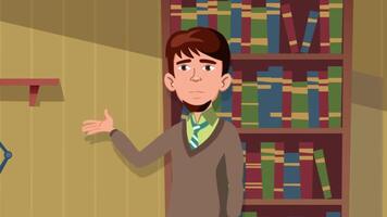 Professor explaining and gesturing in front of bookshelf video