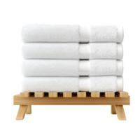 Stack of fluffy white towels on a light wooden shelf spa ready png