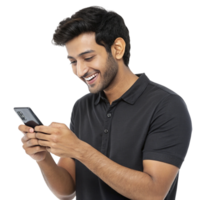 A man in a black shirt is smiling while using his phone png