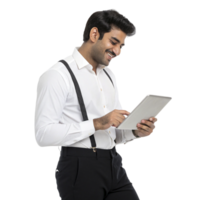 A man in a white shirt and suspenders is holding a tablet png