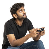 A man is sitting down holding a game controller png