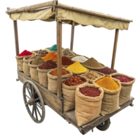 A cart with many bags of spices on it png