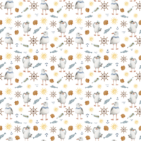 seamless watercolor pattern , seagulls, fishes and shells no background for fabric , wrapper and other design png