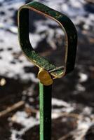 Iron, old handrails with a lock on them Love lock on the railing photo