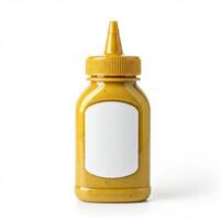 A yellow mustard bottle with a plain white label isolated on white photo