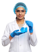 Young Scientist Holding a Flask with Blue Liquid Against Transparent Background Portrait View png