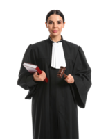 Female Judge in Black Robe Holding Gavel And Notepad Against Transparent Background png