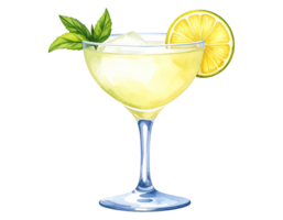 Watercolor illustration of a classic Gimlet cocktail with lime garnish. png