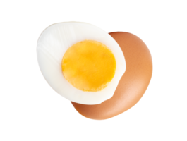 One raw brown chicken egg and cooked or boiled chicken egg with egg yolk in half in small pile isolated with clipping path in file format png