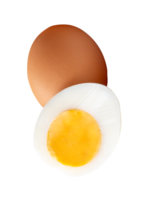 One raw chicken egg and cooked or boiled chicken egg with egg yolk in half in small pile isolated with clipping path in file format png