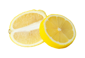 Front view of ripe yellow lemon fruit in slices in circle and oval shape in stack isolated with clipping path in file format png