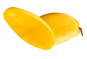 Single ripe yellow mango with half and water drops in stack isolated with clipping path in file format png