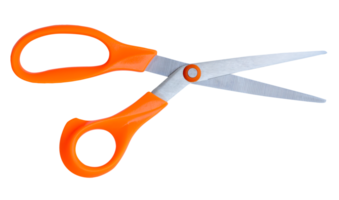 An open multipurpose scissors with orange handle in horizon isolated with clipping path in file format png