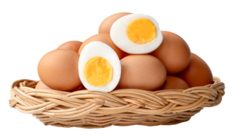 Large group of raw brown chicken eggs and peeled cooked or boiled eggs with egg yolk in two halves in stack in wicker basket is isolated with clipping path in file format png