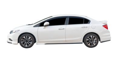 Left side view of white sports sedan car isolated with clipping path in file format png