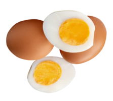 Two raw chicken eggs and peeled cooked or boiled egg with egg yolk in two halves in strange stack isolated with clipping path in file format png