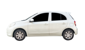 Left side view of mini or small white hatchback car isolated with clipping path in file format png