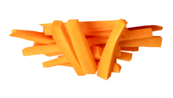 Orange carrot slices in stick shape in strange pile isolated with clipping path in file format png