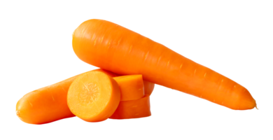 Side view of two fresh orange carrot roots with slices in circles in stack isolated with clipping path in file format png