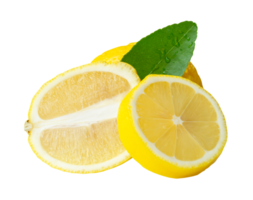 Front view of ripe yellow lemon fruit with slices in circle and oval shape with green leaf in stack isolated with clipping path in file format png