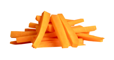 Orange carrot slices in stick shape in a pile isolated with clipping path in file format png