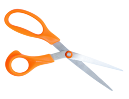Inclined open multipurpose scissors with orange handle isolated with clipping path in file format png