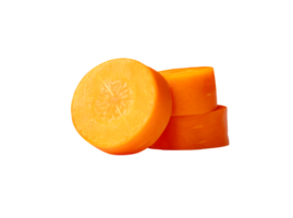 Side view of three orange carrot slices in circles in stack isolated with clipping path in file format png