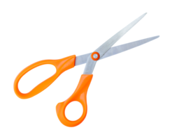 Top view of a pair of multipurpose scissors with orange handle isolated with clipping path in file format png