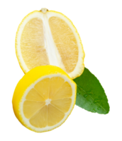 Front view of ripe yellow lemon fruit in slices in circle and oval shape with green leaf isolated with clipping path in file format png