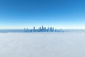 A city is seen in the clouds above the ground photo