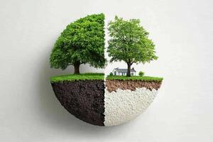 Two trees are shown in a half - earth with grass and dirt photo