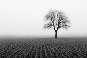 A lone tree stands in a field with fog photo